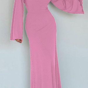 Ribbed Flare Sleeve Tie-Back Dress in Y2K Style for Coquette and Grunge Aesthetics