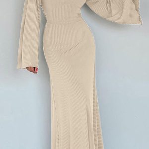 Ribbed Flare Sleeve Tie-Back Dress in Y2K Style for Coquette and Grunge Aesthetics