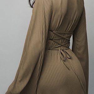 Ribbed Flare Sleeve Tie-Back Dress in Y2K Style for Coquette and Grunge Aesthetics