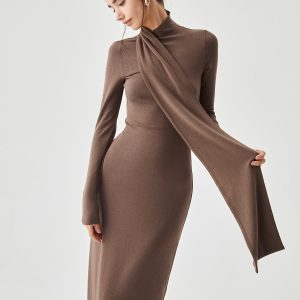 Ribbed Knit Bodycon High Neck Dress with Matching Scarf for Y2K Aesthetic Outfits