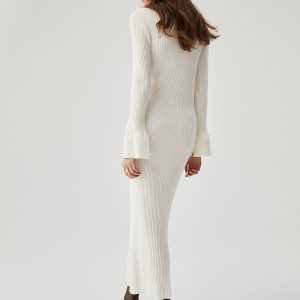 Ribbed Knit Long Sleeve V-Neck Dress - Y2K Aesthetic Fashion for Effortless Style