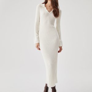 Ribbed Knit Long Sleeve V-Neck Dress - Y2K Aesthetic Fashion for Effortless Style