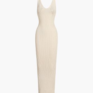 Ribbed Knit V-Neck Hollow Cami Maxi Dress - Y2K Aesthetic Fashion Essential for Stylish Outfits