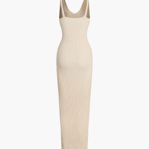 Ribbed Knit V-Neck Hollow Cami Maxi Dress - Y2K Aesthetic Fashion Essential for Stylish Outfits