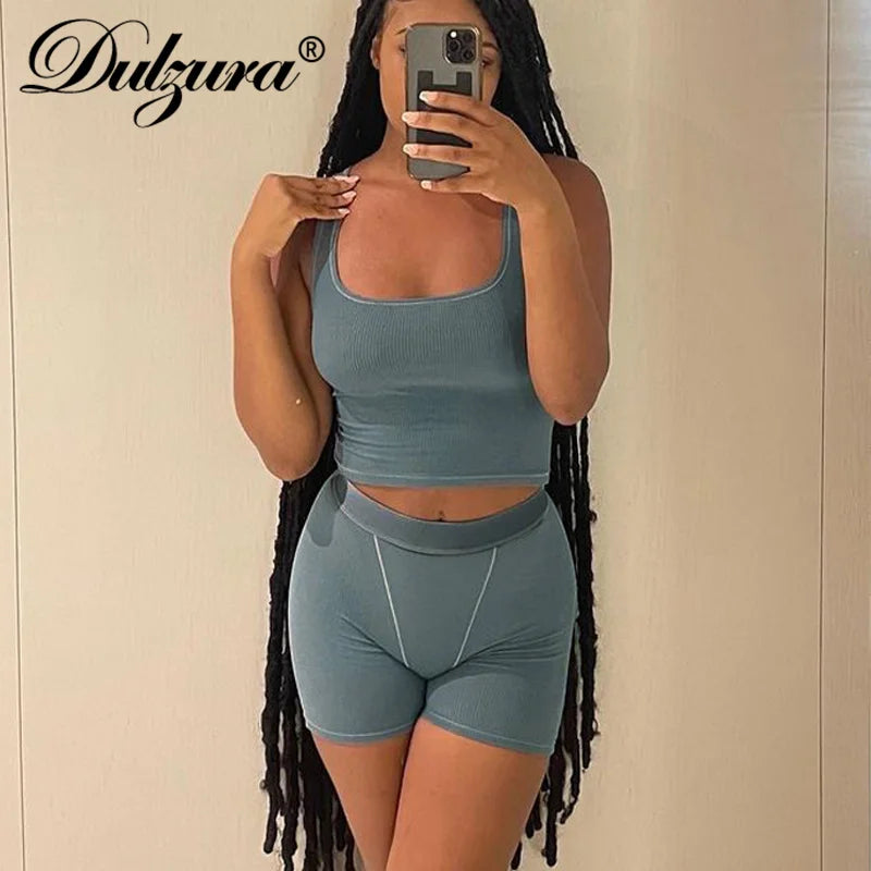 Ribbed Knitted Y2K Crop Top and Biker Shorts Set - Trendy Patchwork Streetwear Outfit 2024