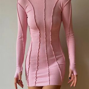 Ribbed Long Sleeve Bodycon Mini Dress for Women - Y2K Spring Streetwear in Pink