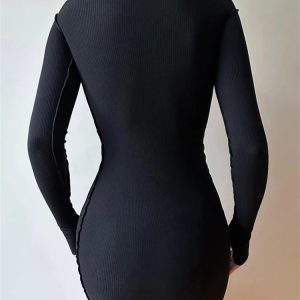 Ribbed Long Sleeve Bodycon Mini Dress for Women - Y2K Spring Streetwear in Pink