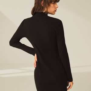 Ribbed Paneling Turtleneck Mini Dress with Slit - Y2K Fashion Essential for Chic Outfits