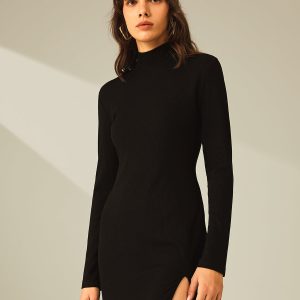 Ribbed Paneling Turtleneck Mini Dress with Slit - Y2K Fashion Essential for Chic Outfits