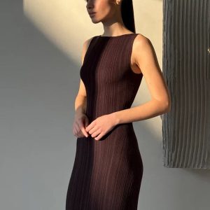 Ribbed Sleeveless Knit Long Dress - Y2K Aesthetic Maxi Dress for Effortless Style