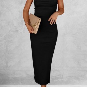 Ribbed Strapless Slit Midi Dress - Y2K Aesthetic Fashion for Chic Coquette Style