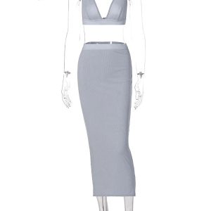 Ribbed Y2K Fashion 2-Piece Set: Sleeveless Backless Crop Top & High Waist Bodycon Midi Skirt