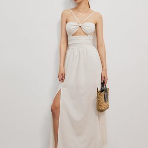 Romantic Backless Cutout Halter Dress with Split - Y2K Aesthetic Evening Wear