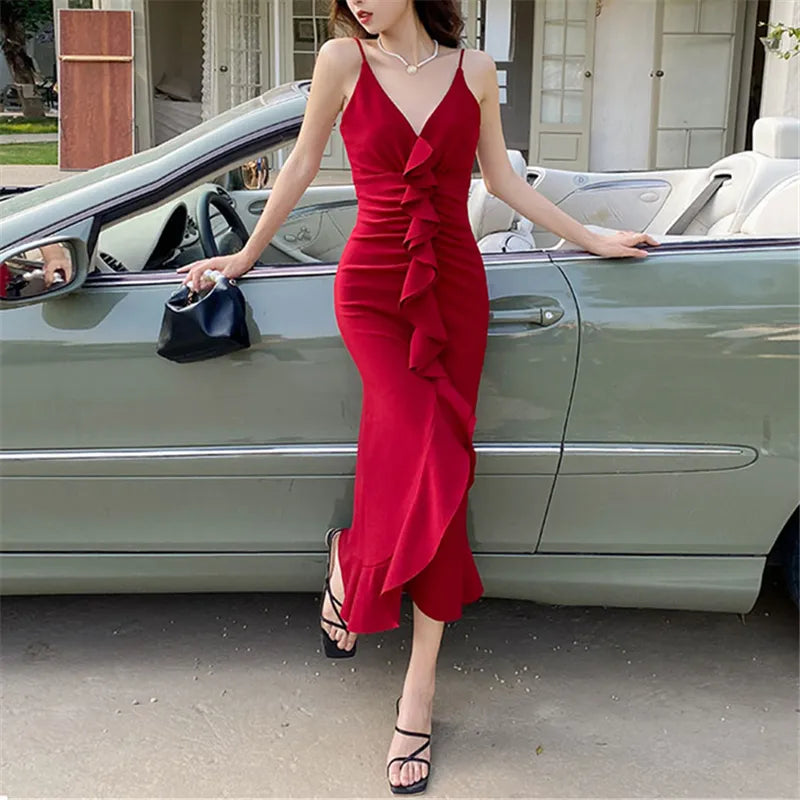 Romantic Red Midi Dress for Women - Elegant Spaghetti Strap Evening Party Dress, French Style