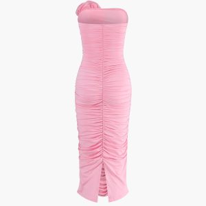 Romantic Ruched Rosette Decor Midi Dress for Y2K Aesthetic and Coquette Style