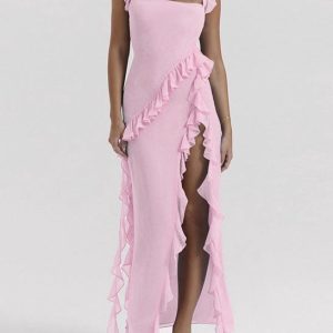 Romantic Ruffled Maxi Dress in Y2K Style - Flowy, Cute, and Perfect for Aesthetic Outfits