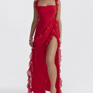 Romantic Ruffled Maxi Dress in Y2K Style - Flowy, Cute, and Perfect for Aesthetic Outfits