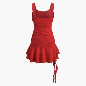 Romantic Solid Layered Ruffle Zipper Dress for Y2K Aesthetic and Coquette Style