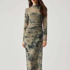 Ruched Long Sleeve Floral Print Dress - Y2K Aesthetic Maxi Dress for Effortless Style