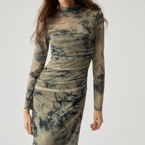 Ruched Long Sleeve Floral Print Dress - Y2K Aesthetic Maxi Dress for Effortless Style