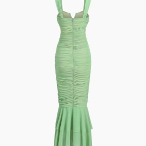 Ruched Mesh Zippered Long Dress - Y2K Aesthetic Maxi Dress for Chic Coquette Style