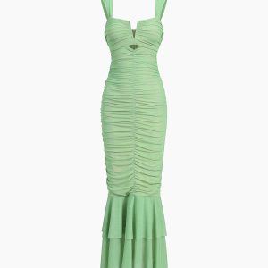 Ruched Mesh Zippered Long Dress - Y2K Aesthetic Maxi Dress for Chic Coquette Style