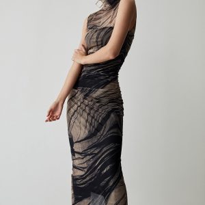 Ruched Tulle Mesh Mock Neck Long Dress - Y2K Aesthetic Evening Gown for Chic Style