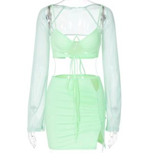 Ruched Y2K 3-Piece Set: Lace-Up Sleeveless Backless Crop Top & High-Waist Mini Skirt Suit