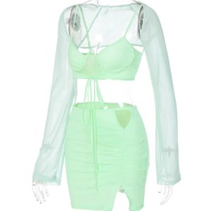 Ruched Y2K 3-Piece Set: Lace-Up Sleeveless Backless Crop Top & High-Waist Mini Skirt Suit