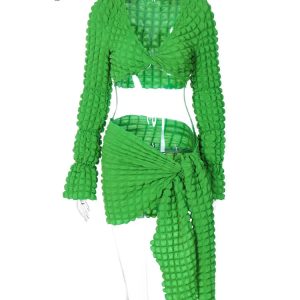 Ruched Y2K Aesthetic 2-Piece Set: Long Sleeve V-Neck Crop Top & High Waist Mini Skirt