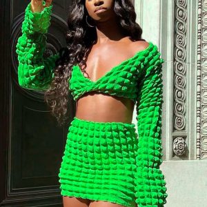 Ruched Y2K Aesthetic 2-Piece Set: Long Sleeve V-Neck Crop Top & High Waist Mini Skirt