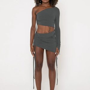 Ruched Y2K Aesthetic Set: Backless Long Sleeve Crop Top & High Waist Mini Skirt for Clubbing