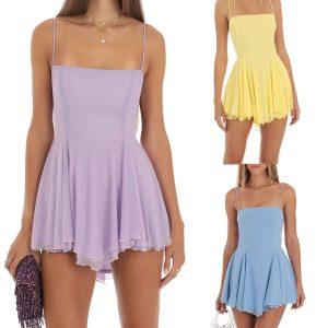 Ruffle Cami Mini Dress with Spaghetti Straps and Tie Back - Summer A-Line Pleated Party Dress