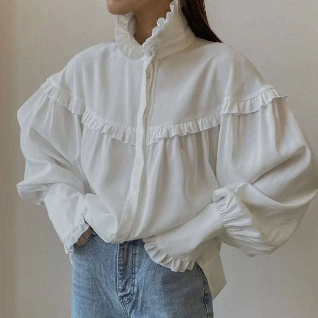 Ruffle Loose White Turtleneck Shirt for Women - Casual Oversized Spring 2024 Fashion Top