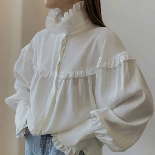 Ruffle Loose White Turtleneck Shirt for Women - Casual Oversized Spring 2024 Fashion Top