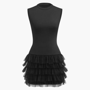 Ruffle Mock-Neck Layered Dress in Y2K Style - Chic Coquette Aesthetic Fashion Piece