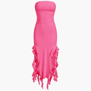 Ruffle Trim Tube Midi Dress - Y2K Aesthetic Fashion for Chic Summer Outfits