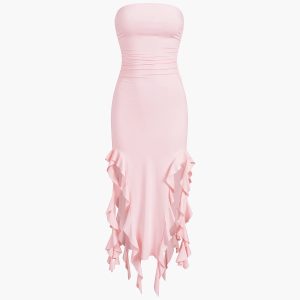 Ruffle Trim Tube Midi Dress - Y2K Aesthetic Fashion for Chic Summer Outfits