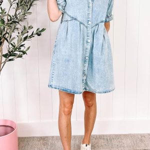 Ruffled Denim Dress with Single-Breasted Design for Y2K Aesthetic Outfits