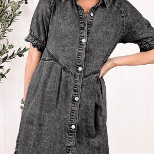 Ruffled Denim Dress with Single-Breasted Design for Y2K Aesthetic Outfits