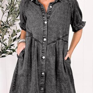 Ruffled Denim Dress with Single-Breasted Design for Y2K Aesthetic Outfits