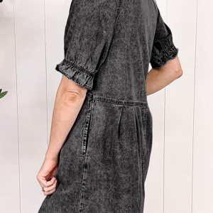 Ruffled Denim Dress with Single-Breasted Design for Y2K Aesthetic Outfits