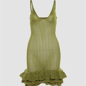 Ruffled Hem Crochet Cami Mini Dress - Y2K Aesthetic Cute Summer Outfit