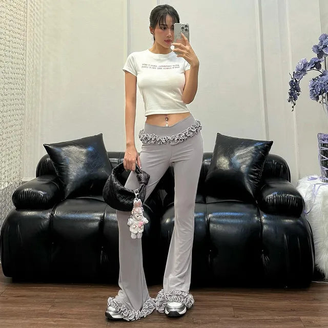 Ruffled Lace High Elasticity Low-Waist Pants for Women - Slim Fit Summer Y2K Aesthetic Trousers