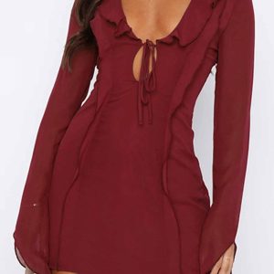 Ruffled Long Sleeve Lace-Up Mini Dress in Y2K Style for a Coquette Aesthetic Look