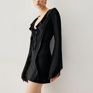 Ruffled Long Sleeve Tie-Front Patchwork Mini Dress for Y2K and Coquette Aesthetic