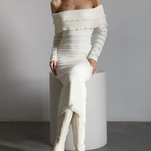 Ruffled Off-Shoulder Layered Knit Midi Dress for Y2K Fashion & Coquette Aesthetic