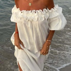 Ruffled Off Shoulder Puff Sleeve Slit Dress - Y2K Aesthetic Cute Dress for Stylish Outfits