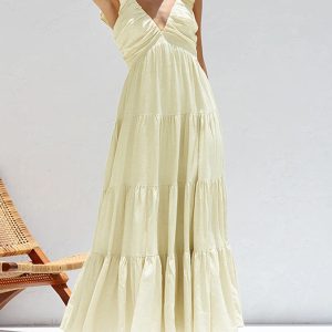 Ruffled Shoulder V-Neck Tiered Maxi Dress - Y2K Aesthetic for Effortless Style