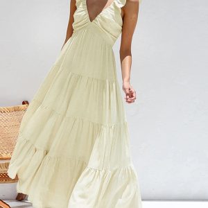 Ruffled Shoulder V-Neck Tiered Maxi Dress - Y2K Aesthetic for Effortless Style